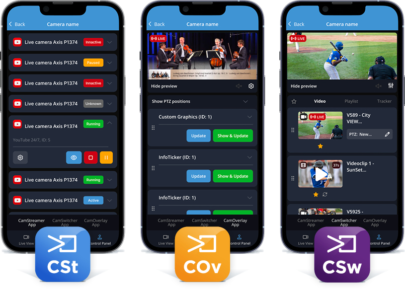 Control panel in CamStreamer mobile app